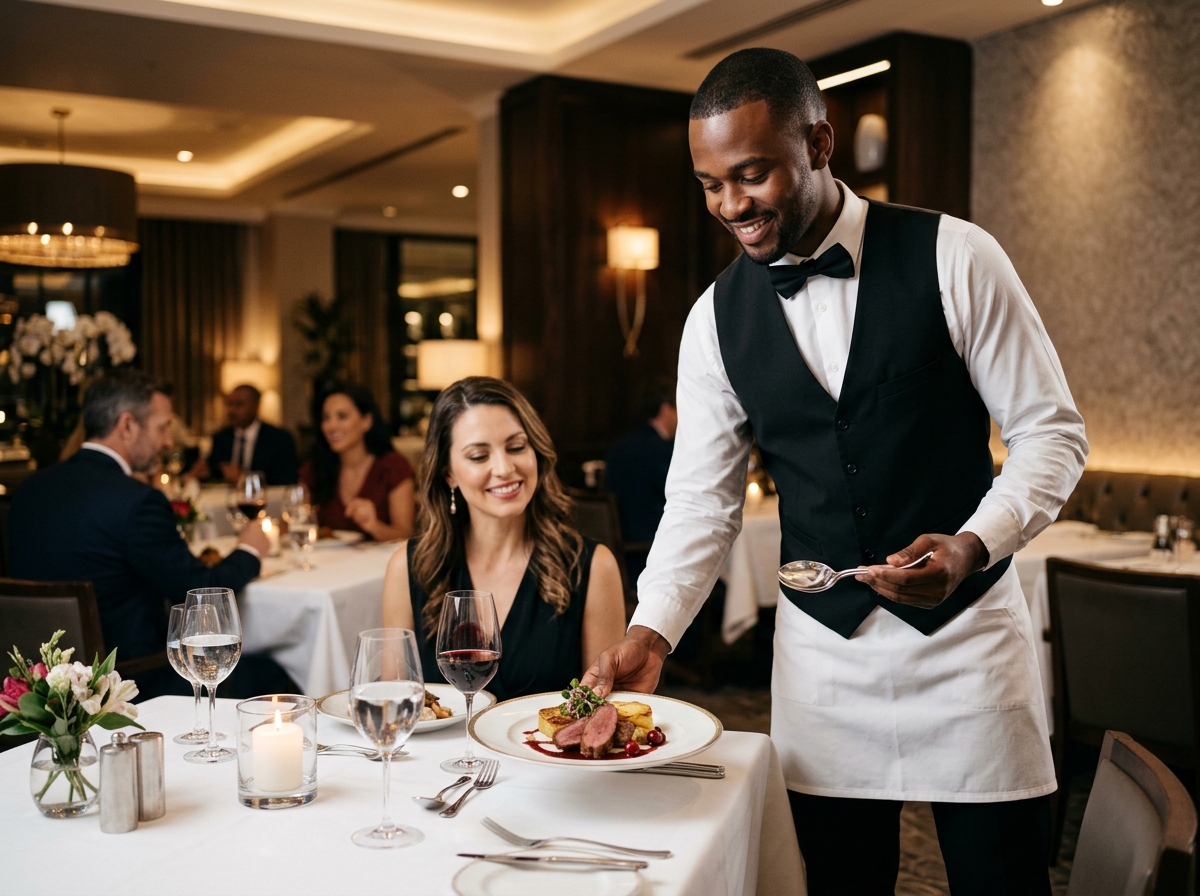 Professional waiter in uniform serving food in luxury restaurant